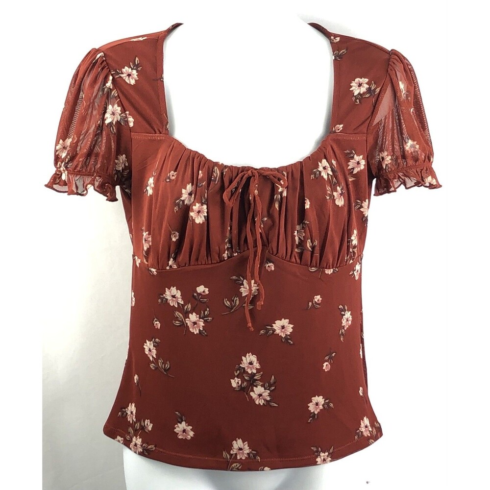Vintage Top M Brown Floral Ruched Empire Ruffle PuffSleeve Milkmaid Boho Cottage